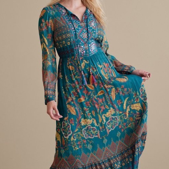 Soft Surroundings Mirapani Dress Blue Maxi Peasant Embroidered Long Sleeve - Picture 1 of 12